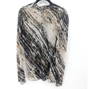 Zara Mesh Top Womens Medium Long Sleeve Black Sheer Abstract Print Stretch Shirt